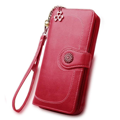 Front exterior view of the split leather long wallet for women in a smooth, structured finish.