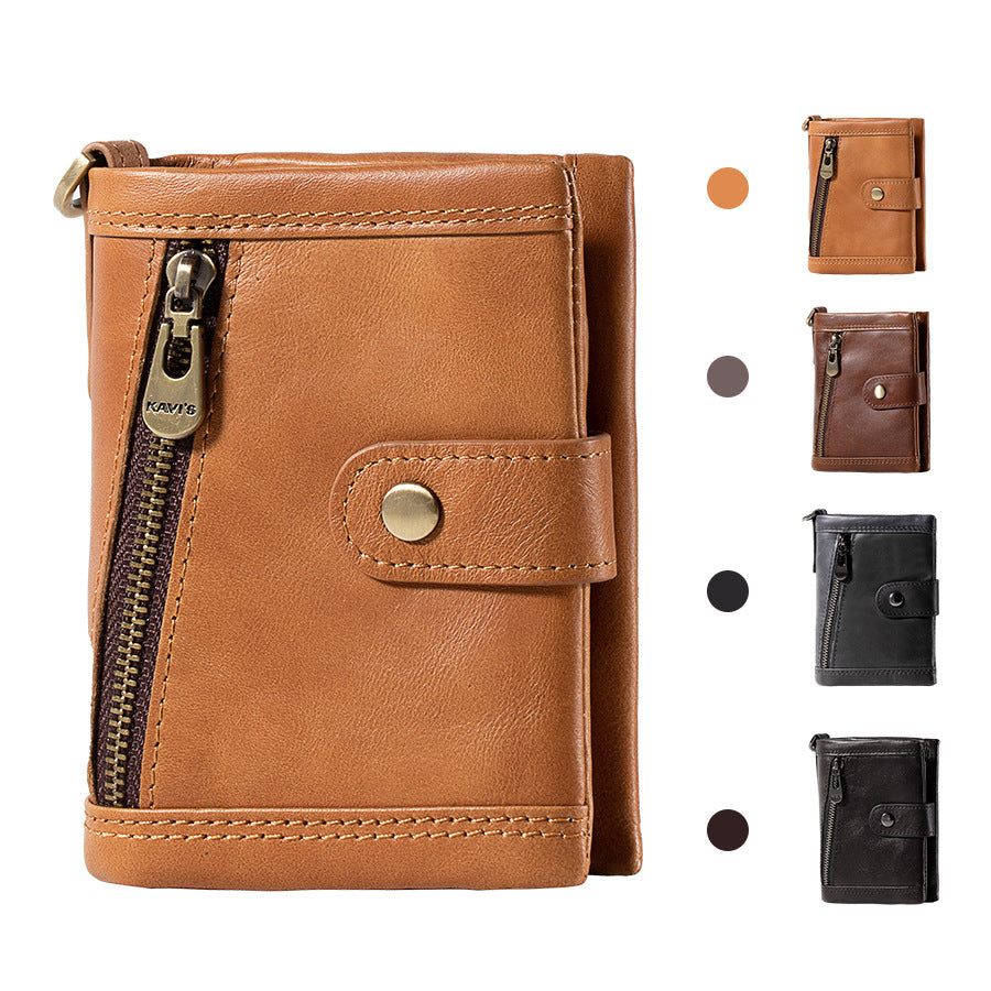 Front view of the women's genuine leather zip-around wallet laid flat