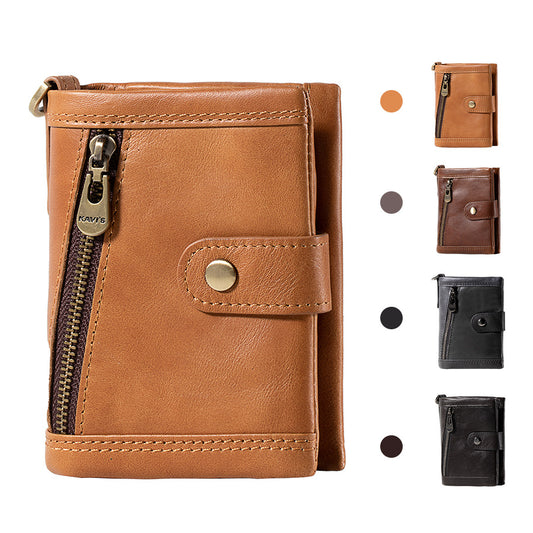 Front view of the women's genuine leather zip-around wallet laid flat